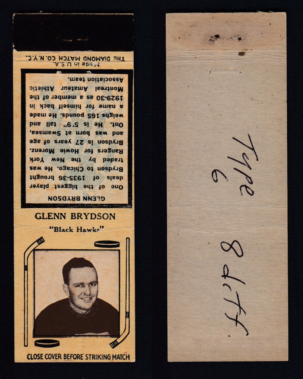 1937-38 DIAMOND MATCHBOOK HOCKEY CARD TYPE 6 G. BRYDSON photo 1937-38 DIAMOND MATCHBOOK HOCKEY CARD TYPE 6 G. BRYDSON photo