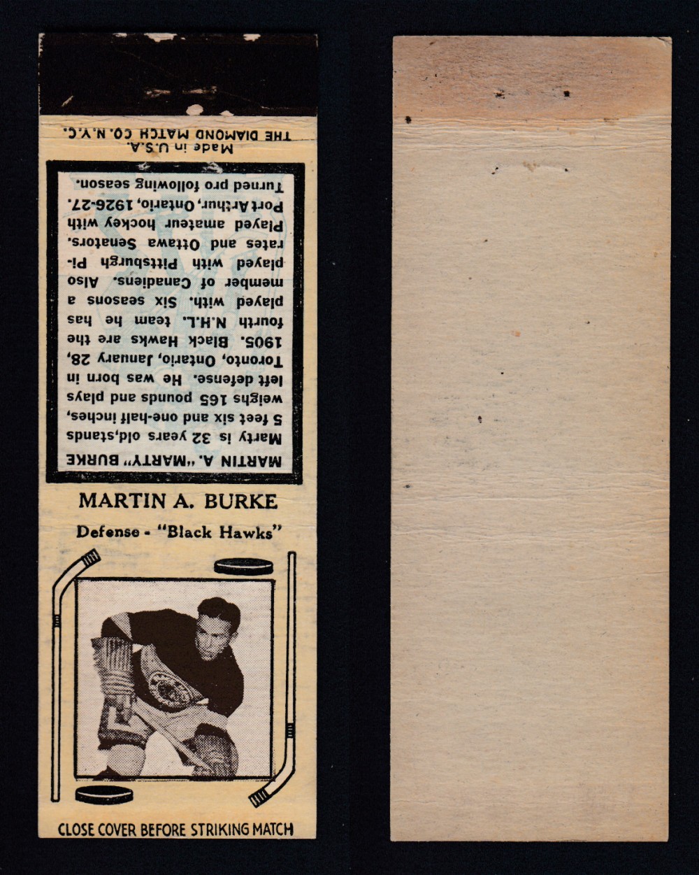 1937-38 DIAMOND MATCHBOOK HOCKEY CARD TYPE 6 M. BURKE photo 1937-38 DIAMOND MATCHBOOK HOCKEY CARD TYPE 6 M. BURKE photo