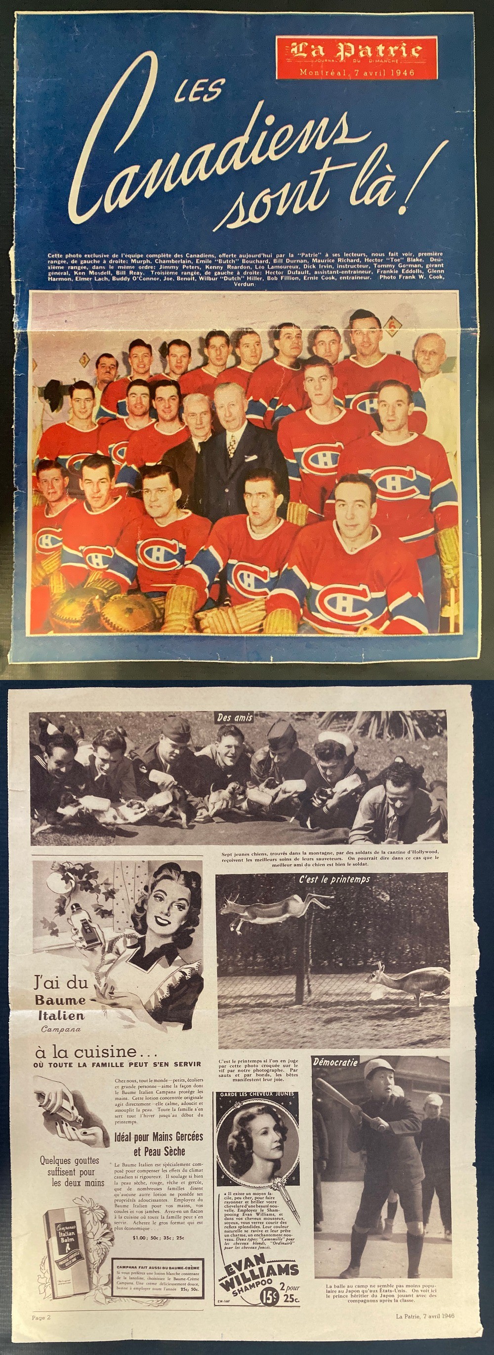 1946 LA PATIRE NEWSPAPER PHOTO MONTREAL CANADIENS TEAM photo