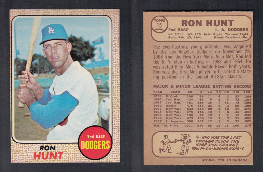 1968 O-PEE-CHEE BASEBALL CARD #15 R. HUNT photo 1968 O-PEE-CHEE BASEBALL CARD #15 R. HUNT photo