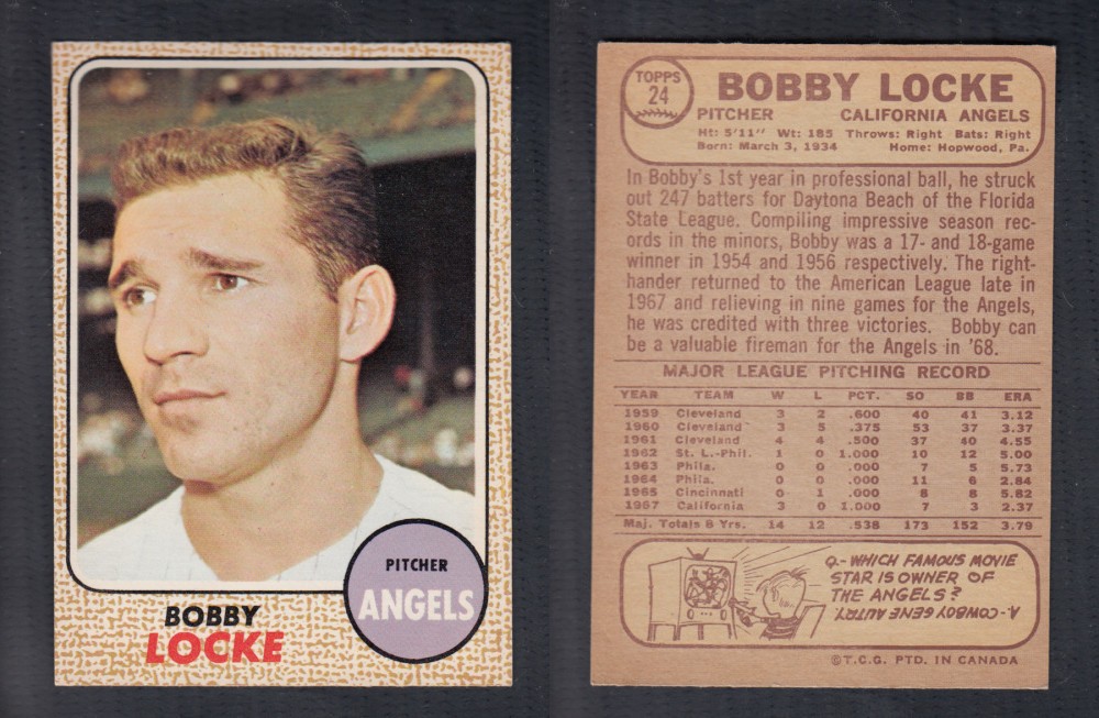 1968 O-PEE-CHEE BASEBALL CARD #24 B. LOCKE photo 1968 O-PEE-CHEE BASEBALL CARD #24 B. LOCKE photo