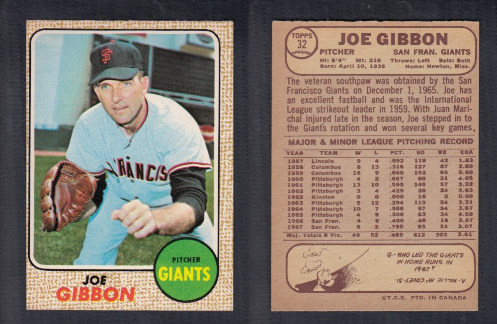 1968 O-PEE-CHEE BASEBALL CARD #32 J. GIBBON photo 1968 O-PEE-CHEE BASEBALL CARD #32 J. GIBBON photo