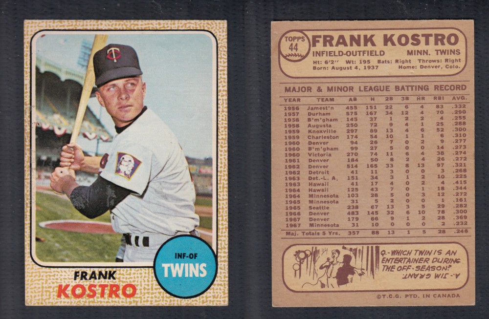 1968 O-PEE-CHEE BASEBALL CARD #44 F. KOSTRO photo 1968 O-PEE-CHEE BASEBALL CARD #44 F. KOSTRO photo