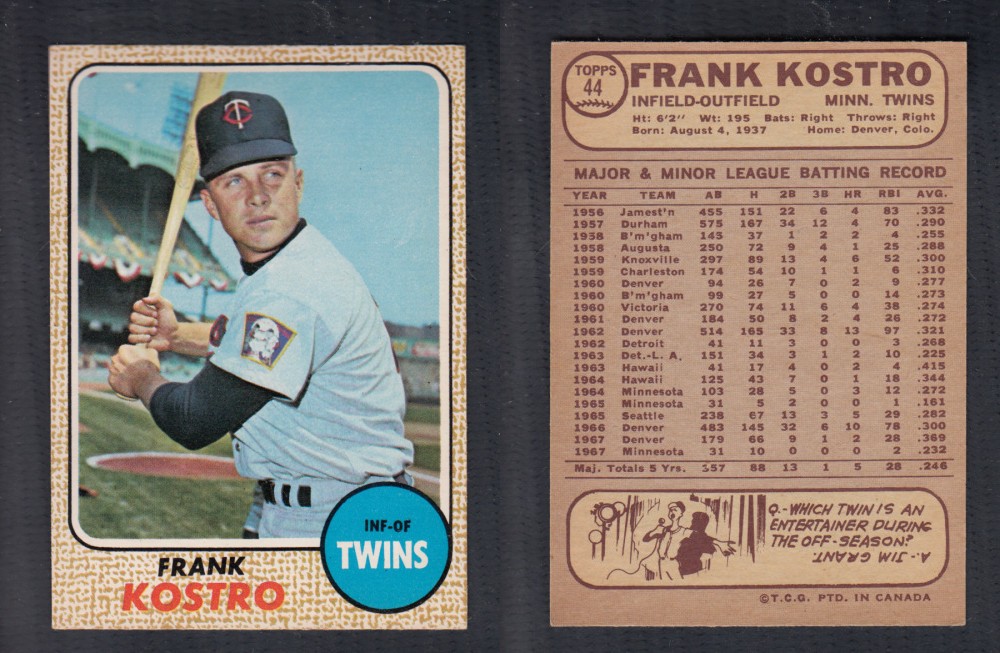 1968 O-PEE-CHEE BASEBALL CARD #44 F. KOSTRO photo 1968 O-PEE-CHEE BASEBALL CARD #44 F. KOSTRO photo