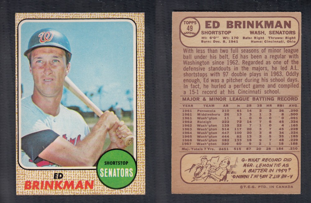 1968 O-PEE-CHEE BASEBALL CARD #49 E. BRINKMAN photo 1968 O-PEE-CHEE BASEBALL CARD #49 E. BRINKMAN photo