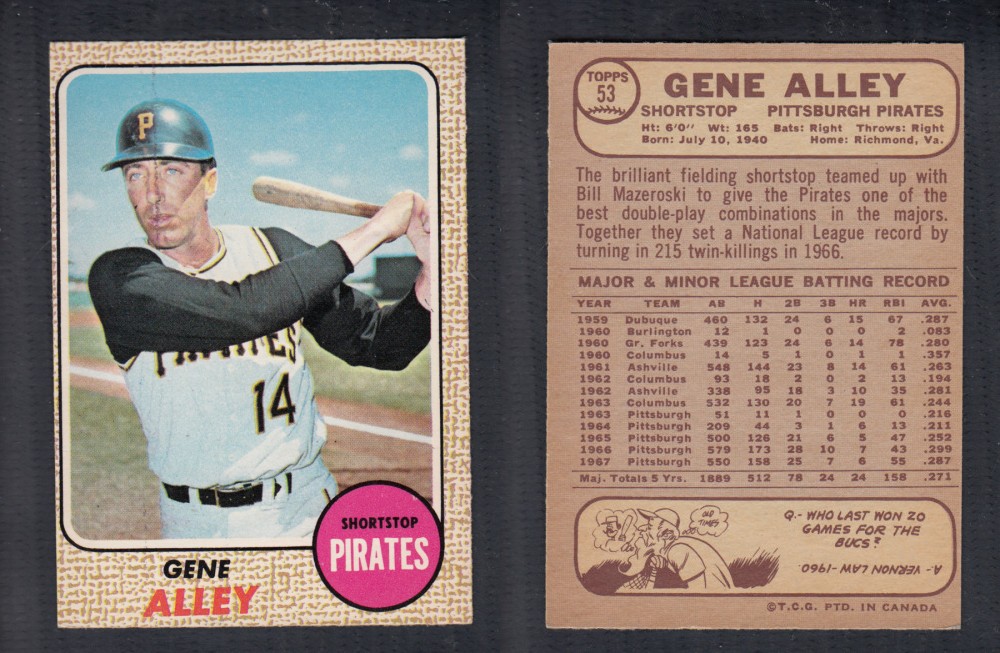 1968 O-PEE-CHEE BASEBALL CARD #53 G. ALLEY photo 1968 O-PEE-CHEE BASEBALL CARD #53 G. ALLEY photo