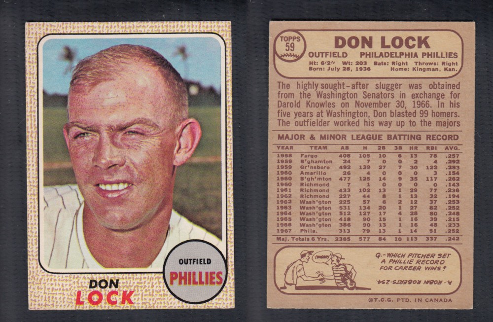 1968 O-PEE-CHEE BASEBALL CARD #59 D. LOCK photo 1968 O-PEE-CHEE BASEBALL CARD #59 D. LOCK photo