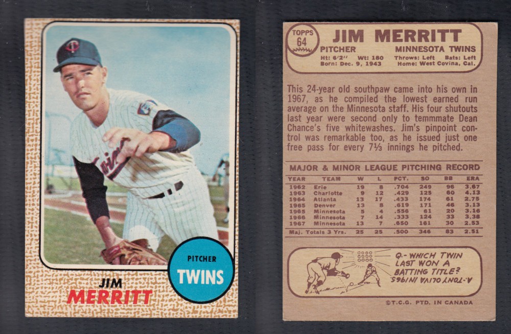 1968 O-PEE-CHEE BASEBALL CARD #64 J. MERRITT photo 1968 O-PEE-CHEE BASEBALL CARD #64 J. MERRITT photo