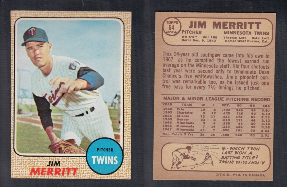 1968 O-PEE-CHEE BASEBALL CARD #64 J. MERRITT photo 1968 O-PEE-CHEE BASEBALL CARD #64 J. MERRITT photo
