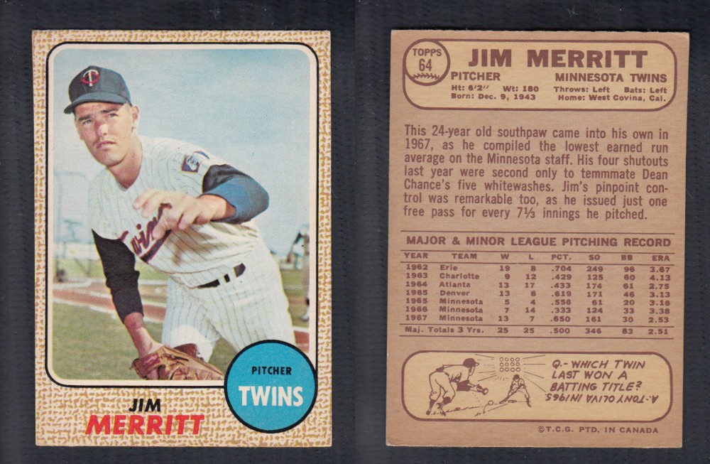1968 O-PEE-CHEE BASEBALL CARD #64 J. MERRITT photo 1968 O-PEE-CHEE BASEBALL CARD #64 J. MERRITT photo
