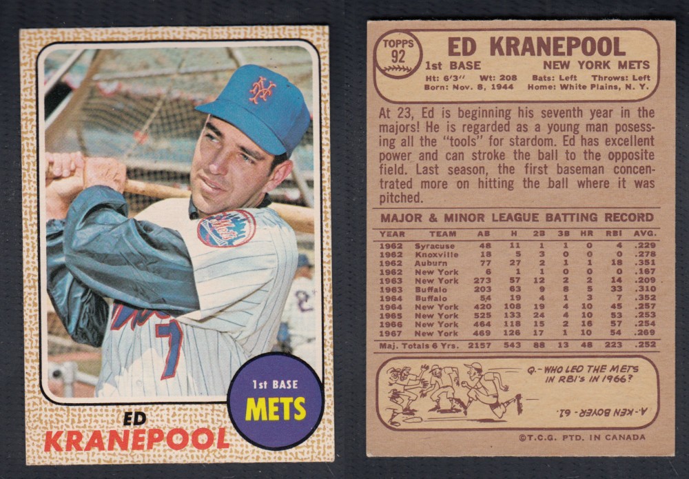 1968 O-PEE-CHEE BASEBALL CARD #92 E. KRANEPOOL photo 1968 O-PEE-CHEE BASEBALL CARD #92 E. KRANEPOOL photo