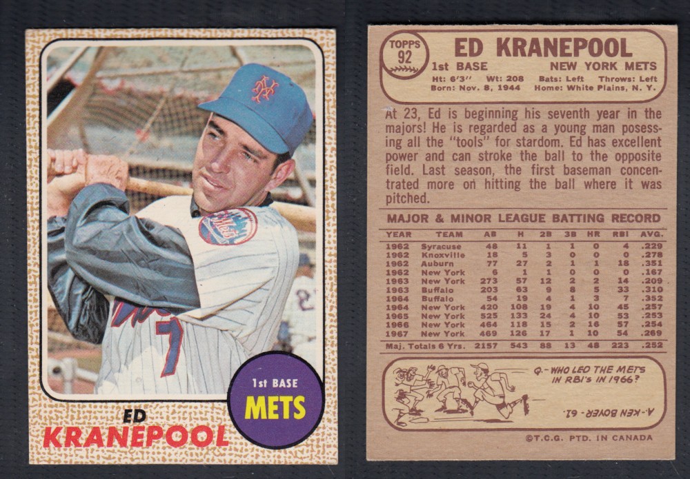 1968 O-PEE-CHEE BASEBALL CARD #92 E. KRANEPOOL photo 1968 O-PEE-CHEE BASEBALL CARD #92 E. KRANEPOOL photo