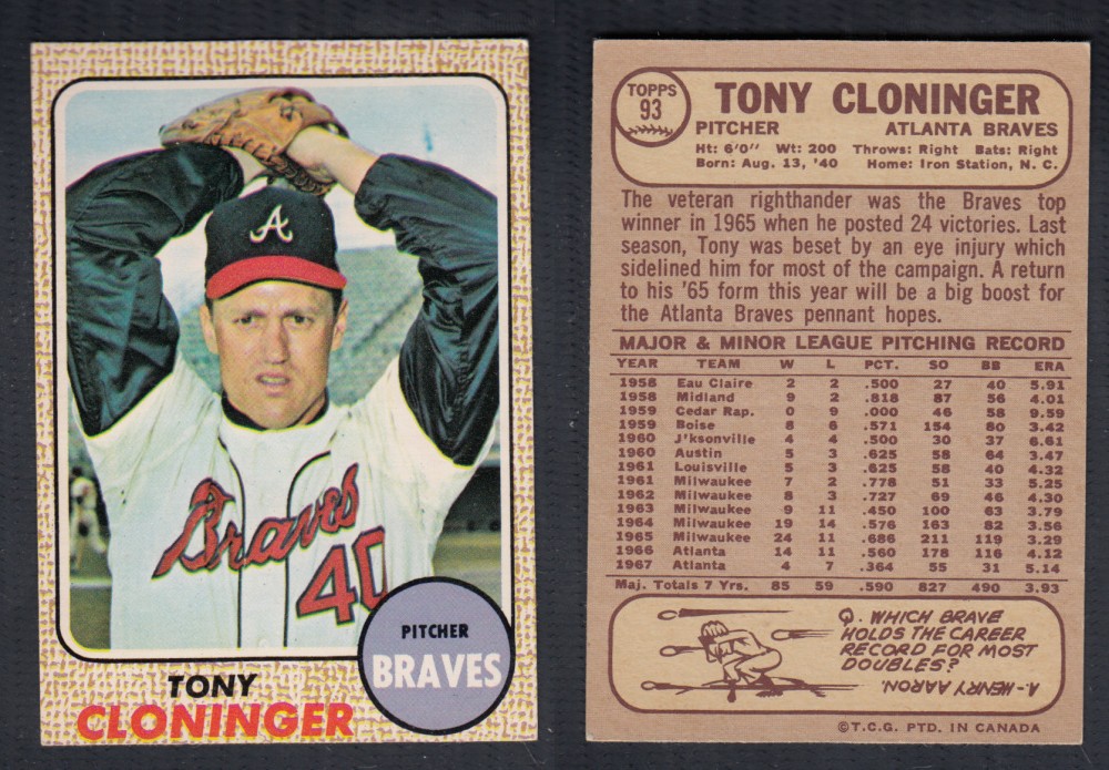 1968 O-PEE-CHEE BASEBALL CARD #93 T. CLONINGER photo 1968 O-PEE-CHEE BASEBALL CARD #93 T. CLONINGER photo