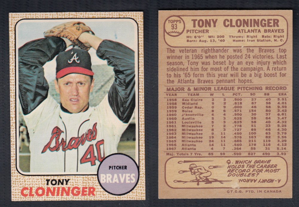 1968 O-PEE-CHEE BASEBALL CARD #93 T. CLONINGER photo 1968 O-PEE-CHEE BASEBALL CARD #93 T. CLONINGER photo