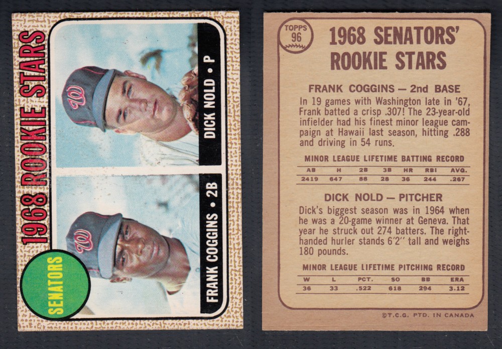1968 O-PEE-CHEE BASEBALL CARD #96 SENATORS ROOKIE STARS photo 1968 O-PEE-CHEE BASEBALL CARD #96 SENATORS ROOKIE STARS photo