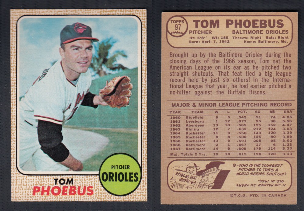 1968 O-PEE-CHEE BASEBALL CARD #97 T. PHOEBUS photo 1968 O-PEE-CHEE BASEBALL CARD #97 T. PHOEBUS photo