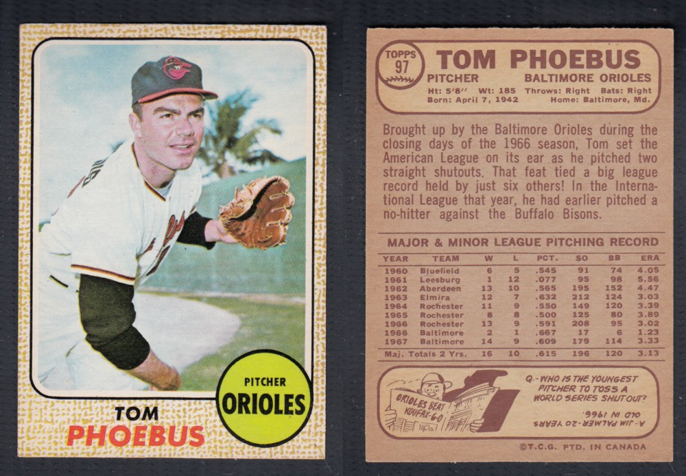 1968 O-PEE-CHEE BASEBALL CARD #97 T. PHOEBUS photo 1968 O-PEE-CHEE BASEBALL CARD #97 T. PHOEBUS photo