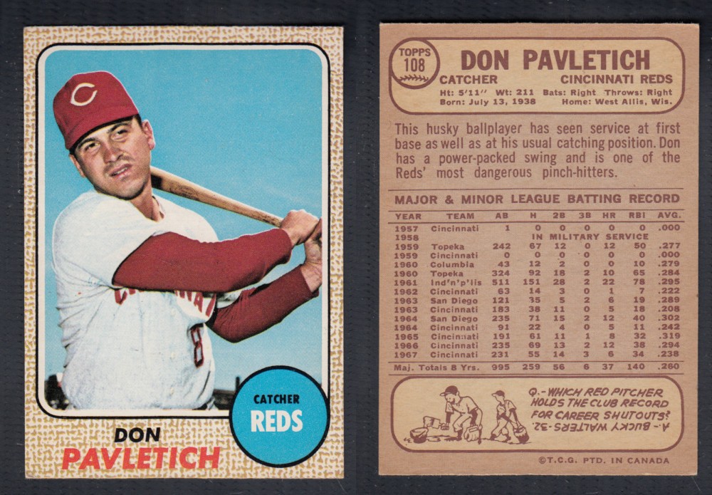 1968 O-PEE-CHEE BASEBALL CARD #108 D. PAVLETICH photo