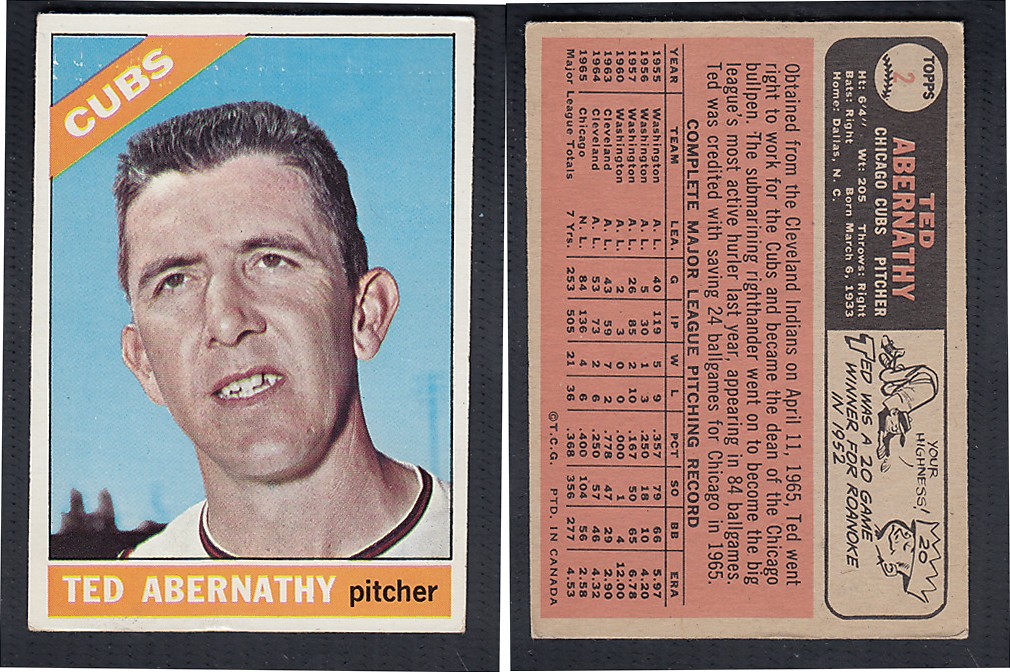 1966 O-PEE-CHEE BASEBALL CARD #2 T. ABERNATHY photo 1966 O-PEE-CHEE BASEBALL CARD #2 T. ABERNATHY photo