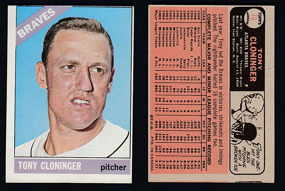1966 O-PEE-CHEE BASEBALL CARD #10 T. CLONINGER photo 1966 O-PEE-CHEE BASEBALL CARD #10 T. CLONINGER photo