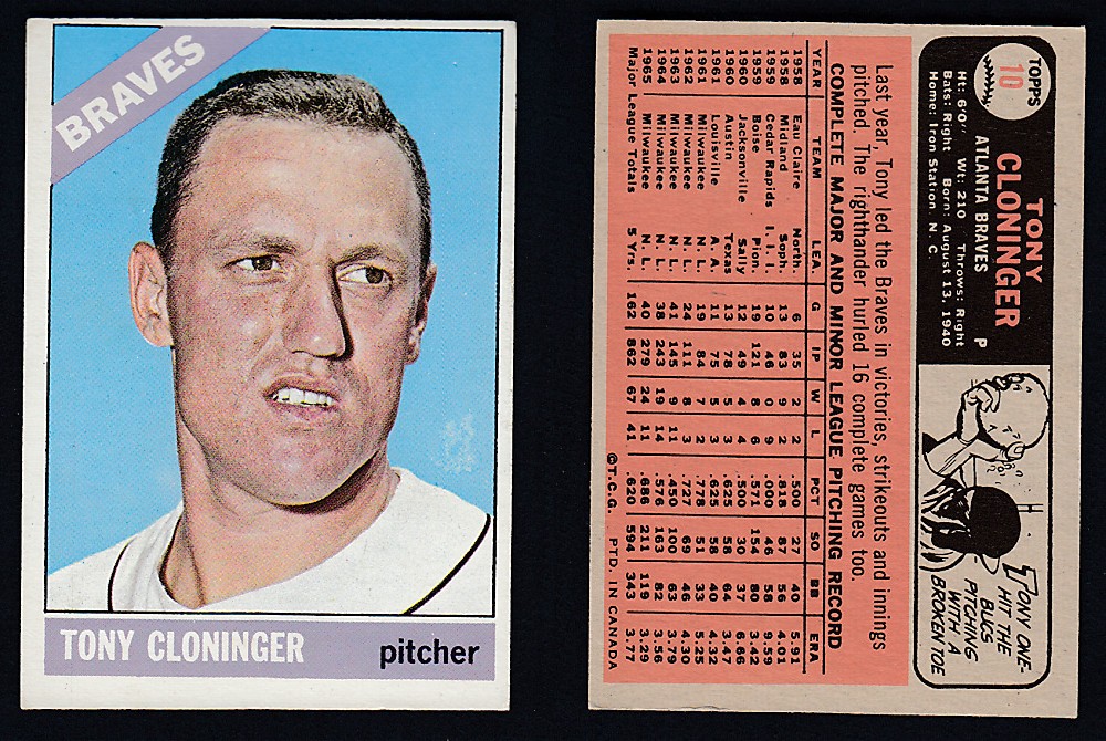 1966 O-PEE-CHEE BASEBALL CARD #10 T. CLONINGER photo 1966 O-PEE-CHEE BASEBALL CARD #10 T. CLONINGER photo
