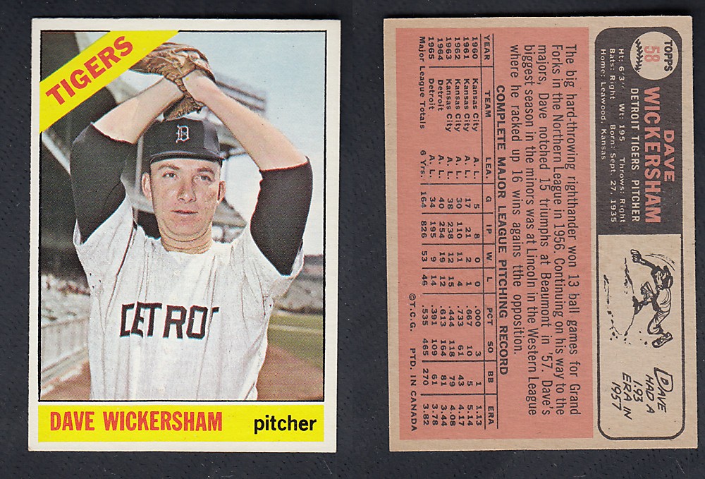 1966 O-PEE-CHEE BASEBALL CARD #58 D. WICKERSHAM photo 1966 O-PEE-CHEE BASEBALL CARD #58 D. WICKERSHAM photo