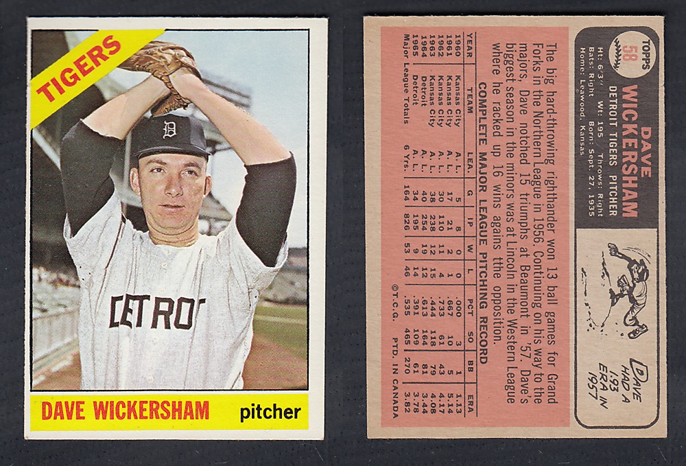 1966 O-PEE-CHEE BASEBALL CARD #58 D. WICKERSHAM photo 1966 O-PEE-CHEE BASEBALL CARD #58 D. WICKERSHAM photo