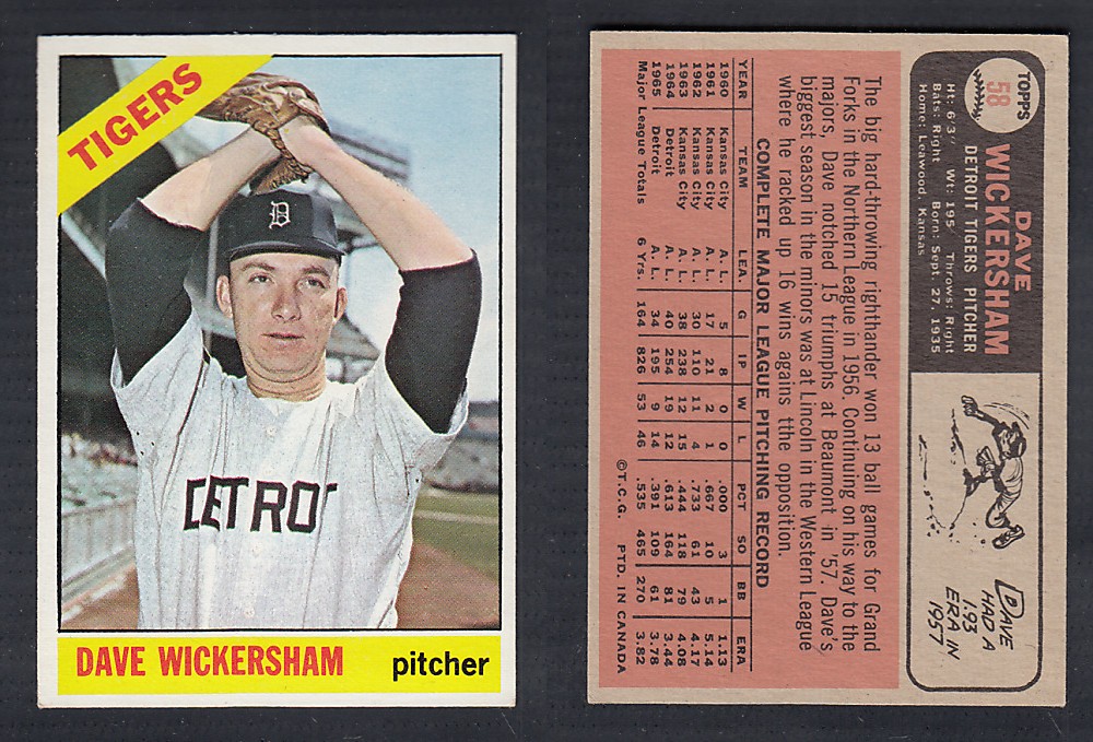 1966 O-PEE-CHEE BASEBALL CARD #58 D. WICKERSHAM photo