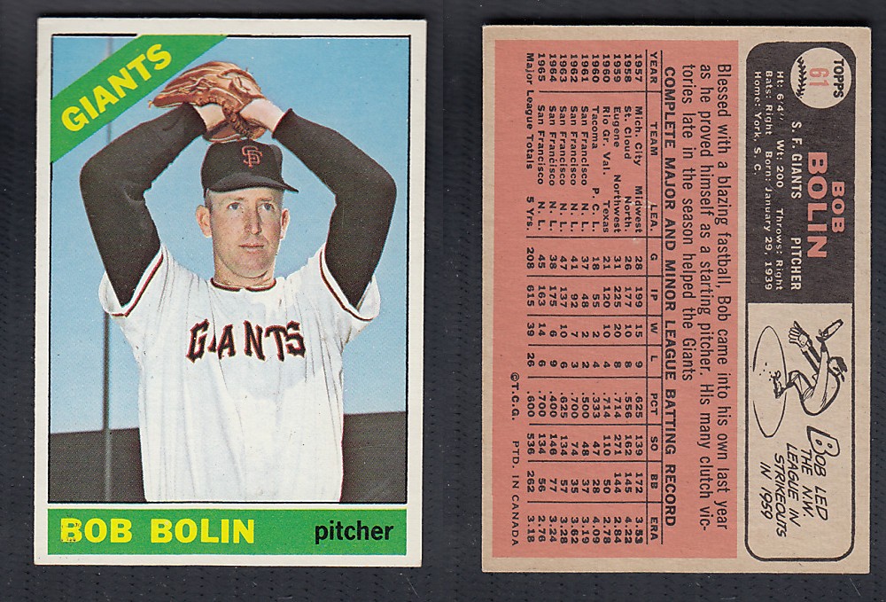 1966 O-PEE-CHEE BASEBALL CARD #61 B. BOLIN photo