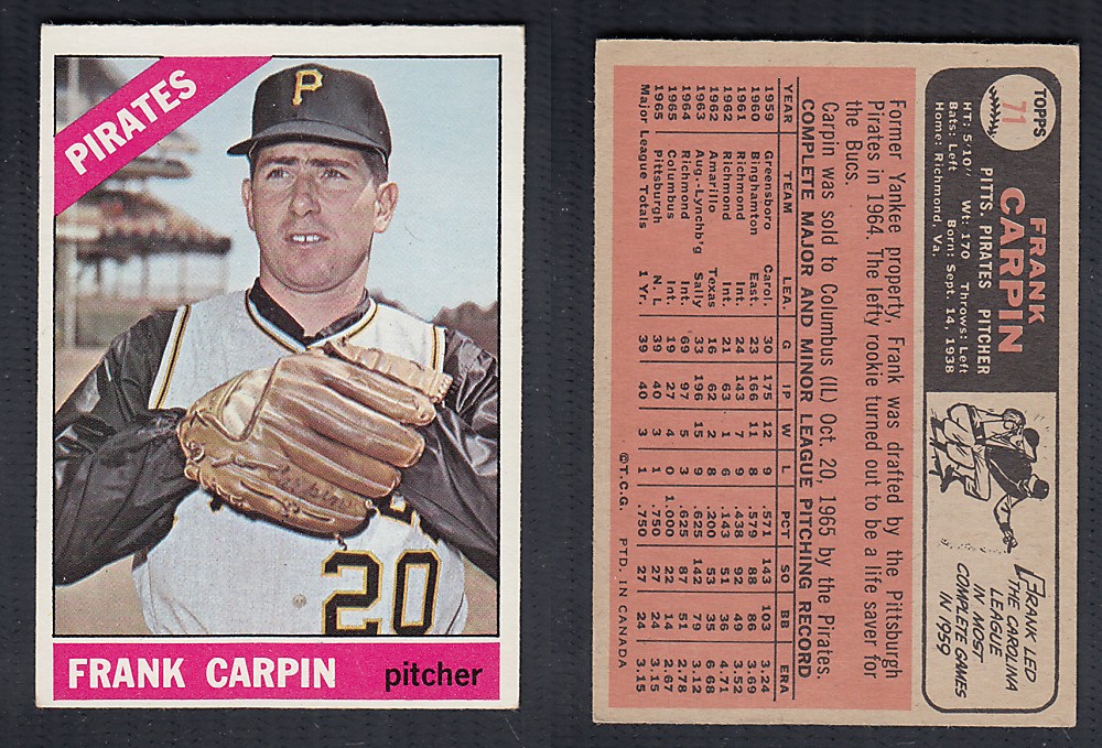 1966 O-PEE-CHEE BASEBALL CARD #71 F. CARPIN photo 1966 O-PEE-CHEE BASEBALL CARD #71 F. CARPIN photo