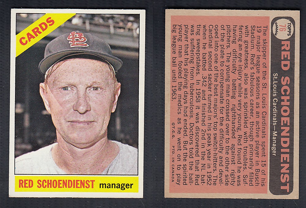 1966 O-PEE-CHEE BASEBALL CARD #76 R. SCHOENDIENST photo 1966 O-PEE-CHEE BASEBALL CARD #76 R. SCHOENDIENST photo