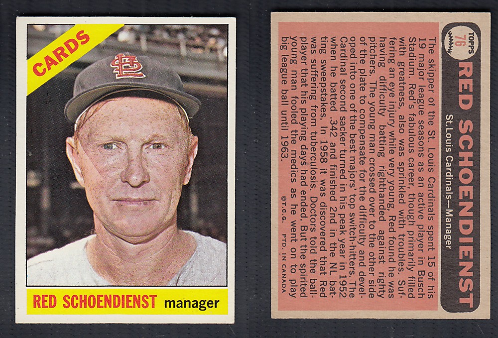 1966 O-PEE-CHEE BASEBALL CARD #76 R. SCHOENDIENST photo 1966 O-PEE-CHEE BASEBALL CARD #76 R. SCHOENDIENST photo