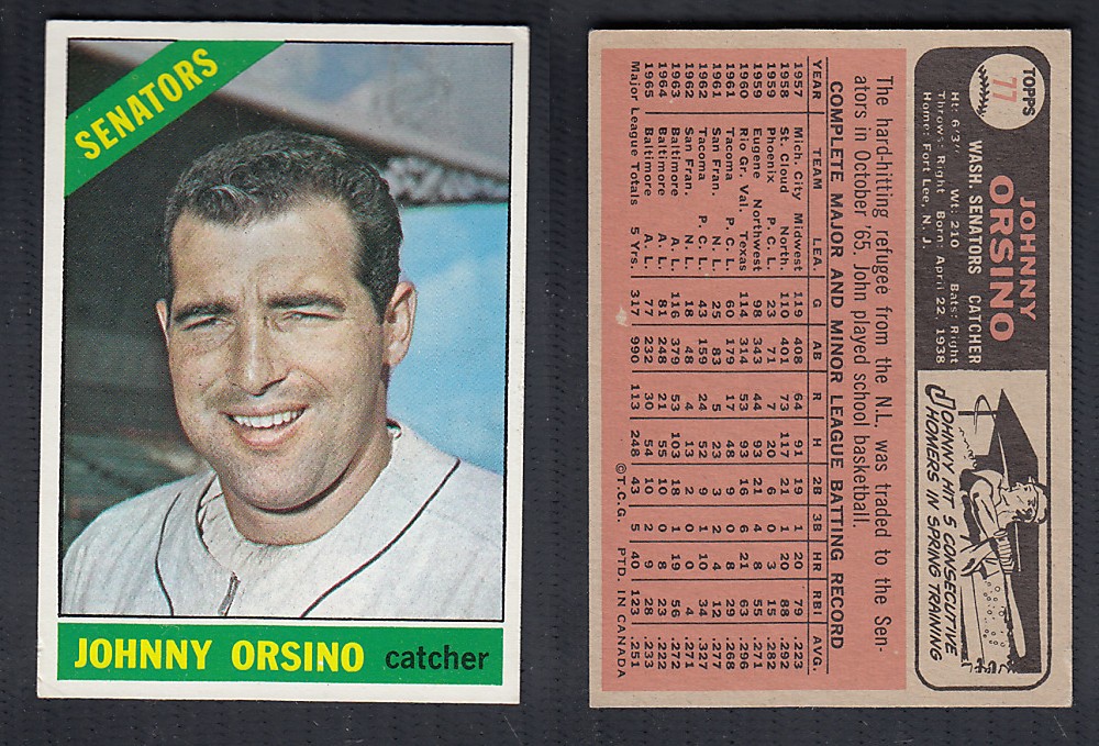 1966 O-PEE-CHEE BASEBALL CARD #77 J. ORSINO photo 1966 O-PEE-CHEE BASEBALL CARD #77 J. ORSINO photo