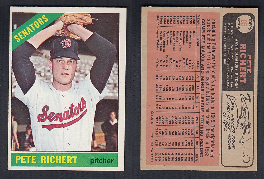 1966 O-PEE-CHEE BASEBALL CARD #95 P. RICHERT photo 1966 O-PEE-CHEE BASEBALL CARD #95 P. RICHERT photo