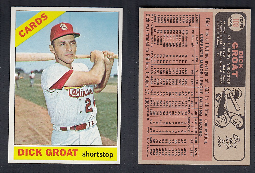 1966 O-PEE-CHEE BASEBALL CARD #103 D. GROAT photo 1966 O-PEE-CHEE BASEBALL CARD #103 D. GROAT photo