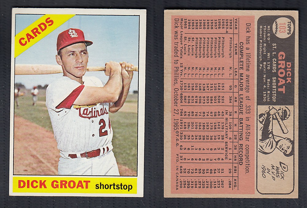 1966 O-PEE-CHEE BASEBALL CARD #103 D. GROAT photo 1966 O-PEE-CHEE BASEBALL CARD #103 D. GROAT photo
