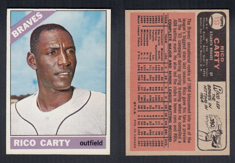 1966 O-PEE-CHEE BASEBALL CARD #153 R. CARTY photo 1966 O-PEE-CHEE BASEBALL CARD #153 R. CARTY photo