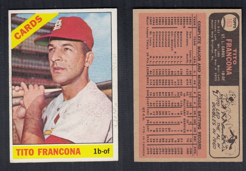 1966 O-PEE-CHEE BASEBALL CARD #163 T. FRANCONA photo 1966 O-PEE-CHEE BASEBALL CARD #163 T. FRANCONA photo