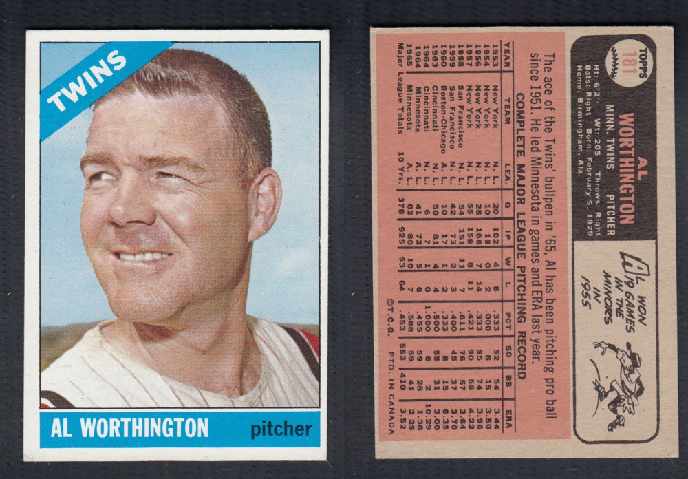 1966 O-PEE-CHEE BASEBALL CARD #181 A. WORTHINGTON photo 1966 O-PEE-CHEE BASEBALL CARD #181 A. WORTHINGTON photo