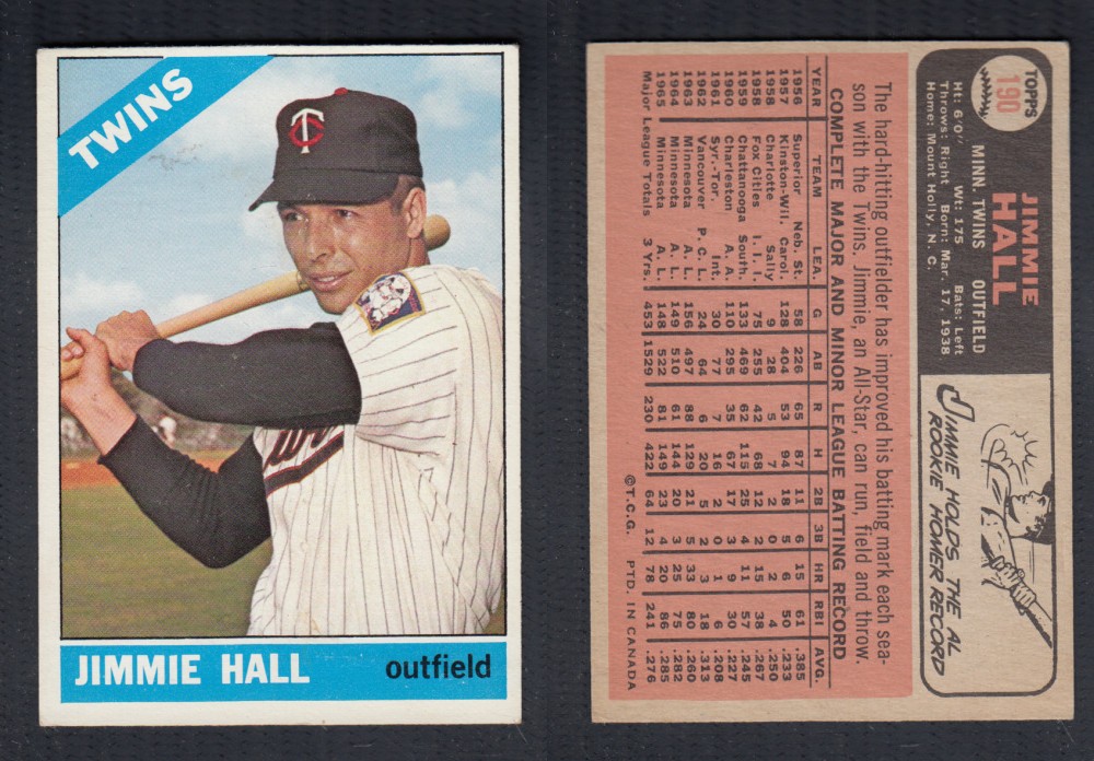 1966 O-PEE-CHEE BASEBALL CARD #190 J. HALL photo
