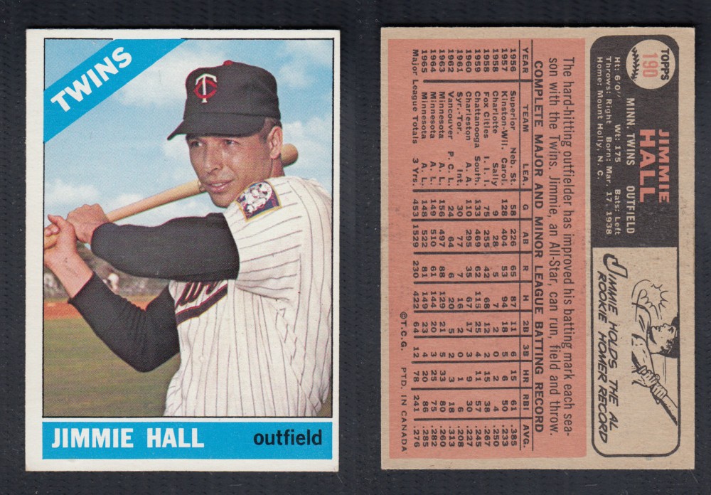 1966 O-PEE-CHEE BASEBALL CARD #190 J. HALL photo