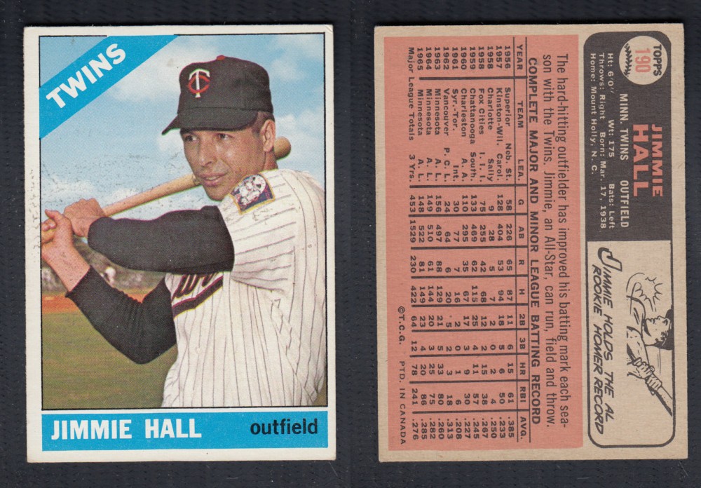 1966 O-PEE-CHEE BASEBALL CARD #190 J. HALL photo