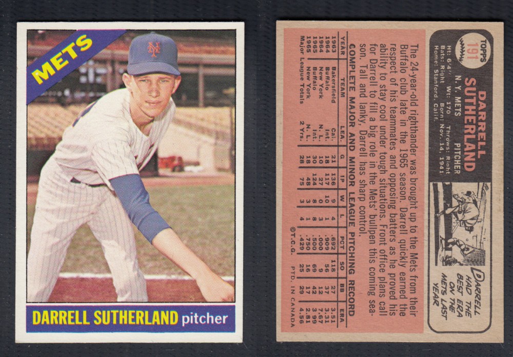 1966 O-PEE-CHEE BASEBALL CARD #191 D. SUTHERLAND photo