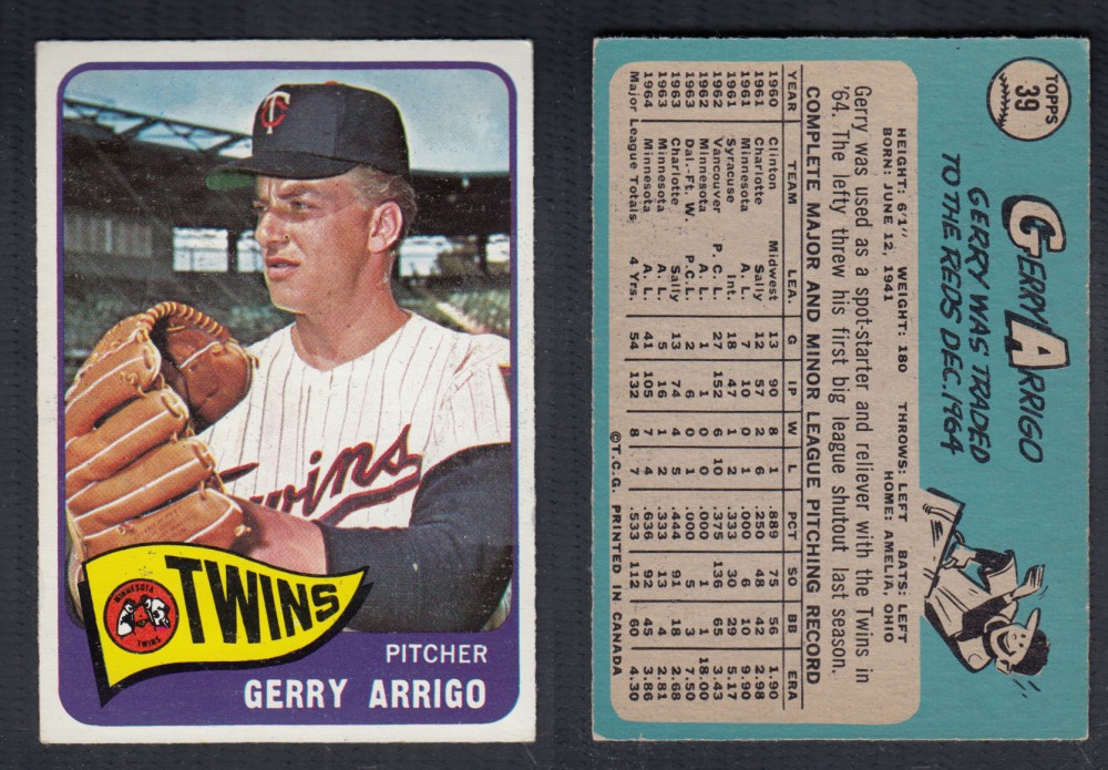 1965 O-PEE-CHEE BASEBALL CARD #39 G. ARRIGO photo