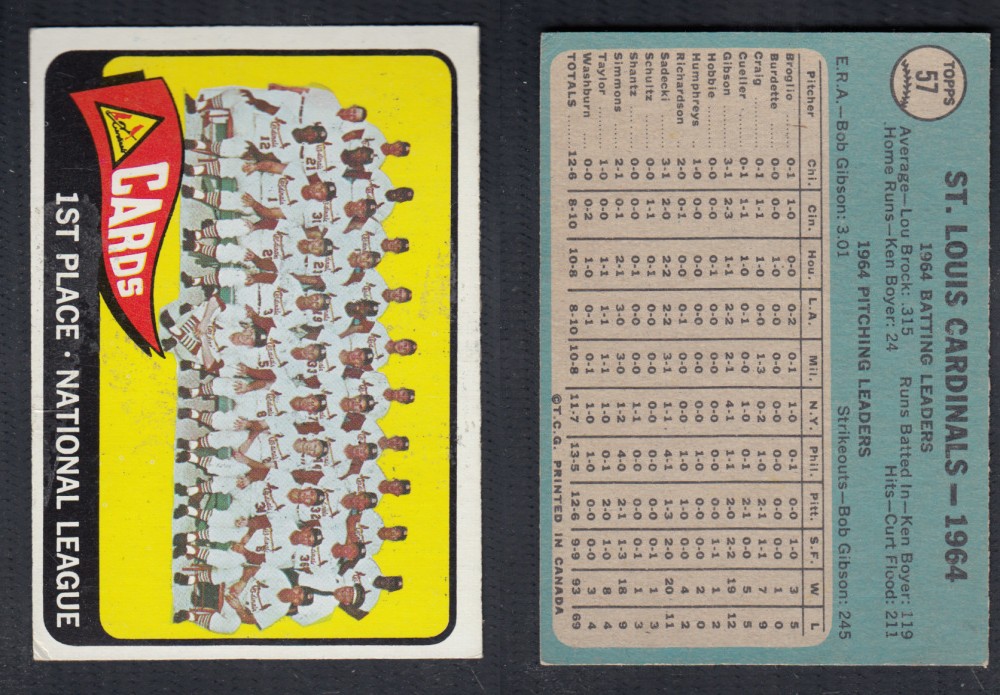 1965 O-PEE-CHEE BASEBALL CARD #57 ST. LOUIS CARDINALS photo 1965 O-PEE-CHEE BASEBALL CARD #57 ST. LOUIS CARDINALS photo