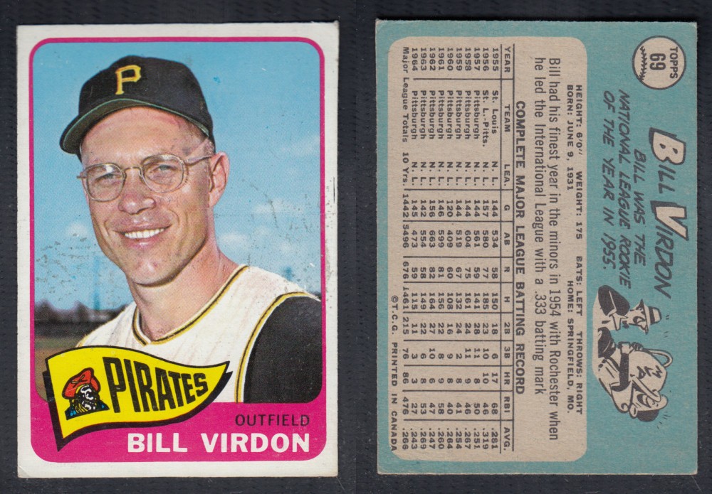 1965 O-PEE-CHEE BASEBALL CARD #69 B. VIRDON photo 1965 O-PEE-CHEE BASEBALL CARD #69 B. VIRDON photo