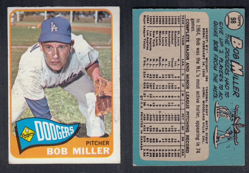 1965 O-PEE-CHEE BASEBALL CARD #98 B. MILLER photo 1965 O-PEE-CHEE BASEBALL CARD #98 B. MILLER photo