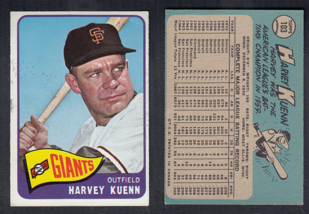 1965 O-PEE-CHEE BASEBALL CARD #103 H. KUENN photo