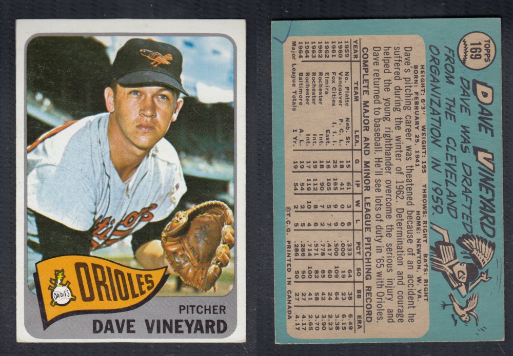 1965 O-PEE-CHEE BASEBALL CARD #169 D. VINEYARD photo 1965 O-PEE-CHEE BASEBALL CARD #169 D. VINEYARD photo