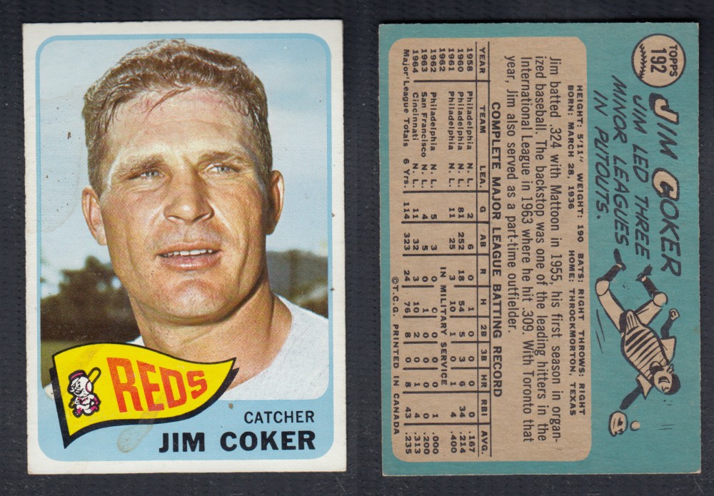 1965 O-PEE-CHEE BASEBALL CARD #192 J. COKER photo 1965 O-PEE-CHEE BASEBALL CARD #192 J. COKER photo